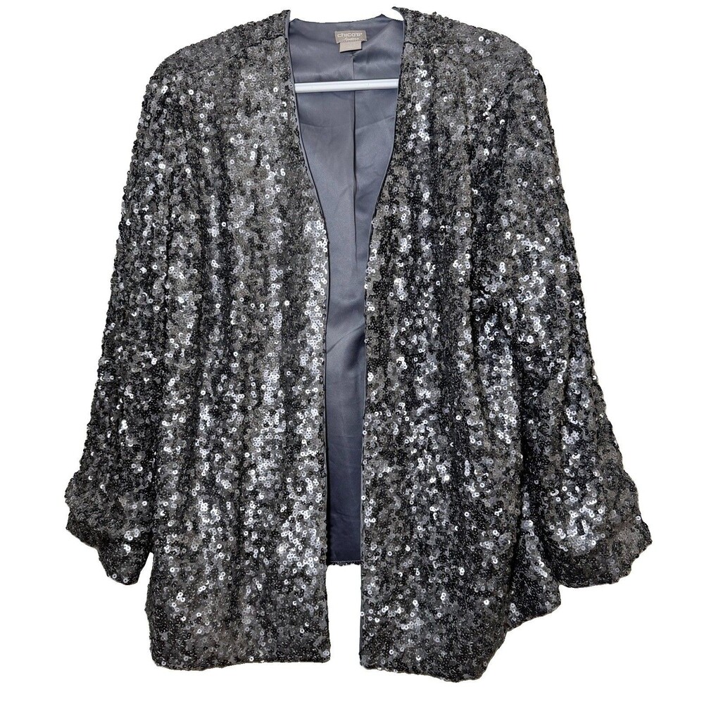 Chicoβs Travelers Size 3 XL Silver Sequin Open Front Evening Jacket